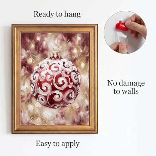Framed Canvas Wall Art Expressive Painterly Red Glass Ornament Red and White Snow Swirls Canvas Print Poster Gold Frame Wall Decor for Living Room Holiday Decor, Christmas Spirit - Inch 24x36
