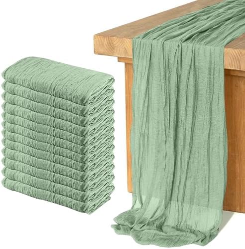 12 Pack Cheesecloth Table Runner, Runner Gauze Boho Wedding Decor Romantic Table Runner for Wedding Birthday Party(35" x 118") (Sage Green)