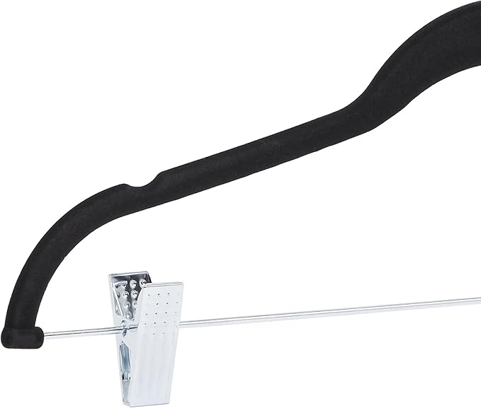 Amazon Basics Velvet Non-Slip Skirt Clothes Hangers with Clips, 360 Degree Rotatable Hook, Organize Pants and Skirts, Black/Silver, 24-Pack