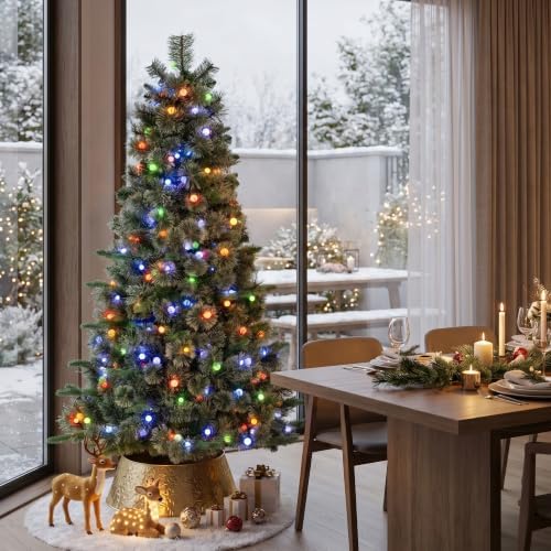 Glitzhome Prelit Christmas Tree, 6ft Artificial Small Christmas Tree Charming Cashmere Slim Pine with 250 Warm White and Multi-Color Globe LED Lights, 9 Function w/Foot Pedal and Remote Control