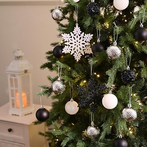 Valery Madelyn Christmas Tree Decorations Ornament Set for Fall Halloween Decor, 50ct Black and White Shatterproof Christmas Ball Ornaments Bulk, 2.36 Inches Hanging Decor for Xmas Holiday Party