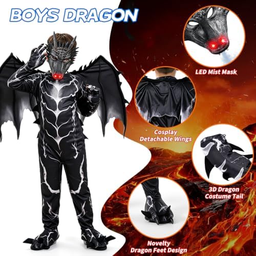Kids Dragon Costume, Boys Dragon Halloween Costume with Mask, Wings & Tail