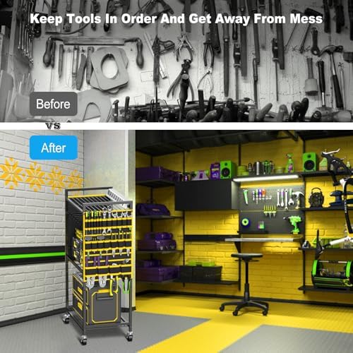 JUNNUJ Power Tool Organizer Cart with Charging Station, 10 FT Cord, Yellow