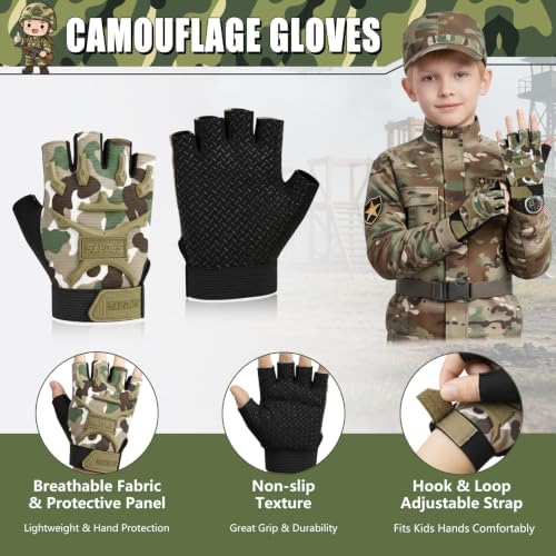 Halloween Kids Army Costume for Boys with Camo Gloves
