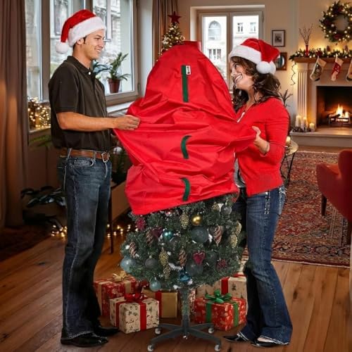 Upright Christmas Tree Storage Bag - Fits 7 Ft Artificial Xmas & Topiary Tree, Vertical Holiday Cover, Durable, Dustproof & Easy-Use Xmas Storage, Red