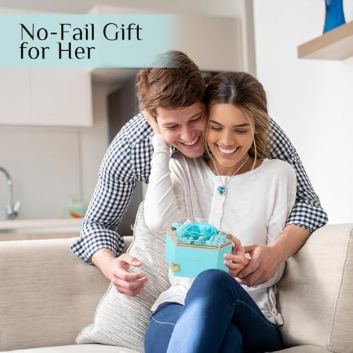 Preserved Cyan Real Rose with Necklace Forever Flowers Diamond shaped Box for Mom Wife Girlfriend Grandma on Mothers Day Birthday Valentines Christmas Anniversary Beatiful Gifts for women