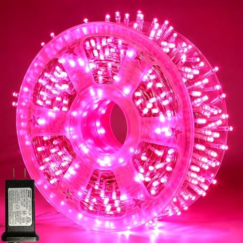 Pooqla 1000 LED Pink Christmas Lights Indoor Outdoor Decorations, 328 ft String Lights Plug in with Timer, 8 Modes Waterproof Clear Wire Twinkle Fairy Lights for Bedroom Xmas Tree Halloween Decor