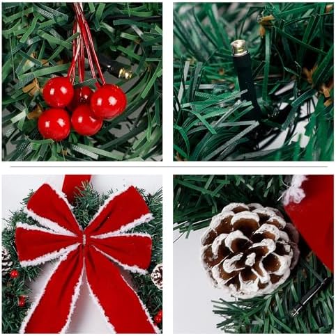 Hausse Set of 3 Christmas Wreaths, Lighted Artificial Christmas Wreath with Large Red Bow & Ornaments, Battery Operated with LED Lights, for Front Door Gate Wall Christmas Party Decorations