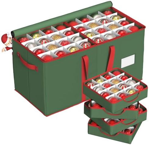 Winpull Christmas Ornament Storage Box with 8 Trays, Christmas Storage Container for 128-3'' Holiday Ornament Decorations, Large Xmas Organizer with Adjustable Dividers, Dual Zipper and Pocket (Green)