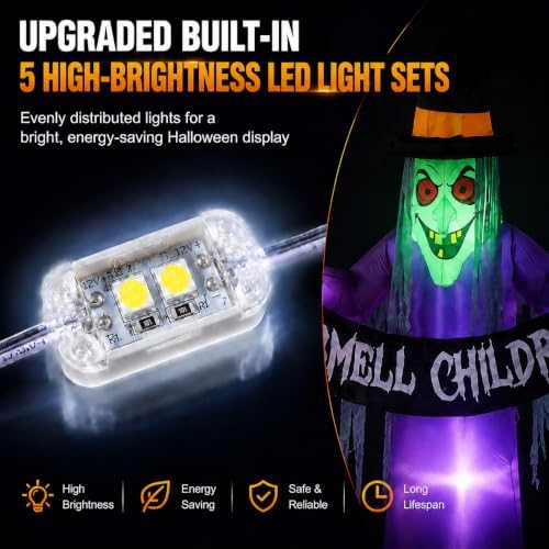 12FT Giant Halloween Inflatables Witch Outdoor Decorations, Giant Blow Ups with Build-in LED Lights, Scary Yard Garden Decoration for Halloween Party Indoor Outdoor