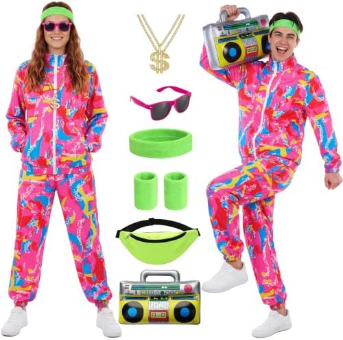 SOMSOC 80s Tracksuit for Men Women Halloween Costume Retro Windbreaker Set Neon 90s Outfit Couple Jogger Suit