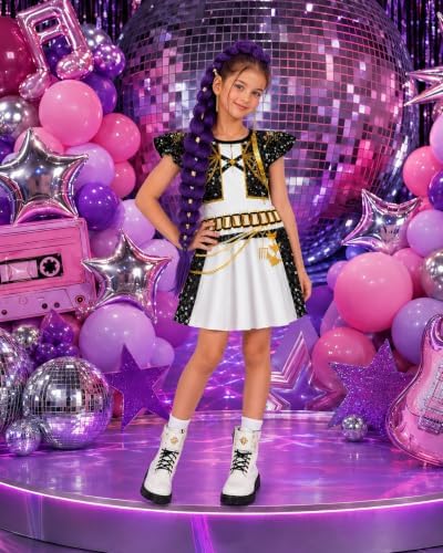 Halloween Costume Kids Pop Singer Golden Costume Girls with Wig Purple Braiding Ponytail Hair Extension Dress Set