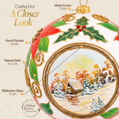 Hand Blown Glass Christmas Ornaments Ball, Wintry White 8 in + Stand