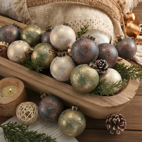 Yunlly 12 Pcs Neutral Christmas Ornament, Rusty Green Ivory Blue, 3.15''