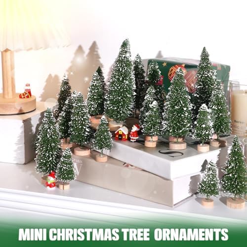 30Pcs Mini Christmas Trees Artificial Christmas Tree Bottle Brush Trees with Wooden Base for Christmas Decor Christmas Party Home Table Craft Decorations(Green-A)