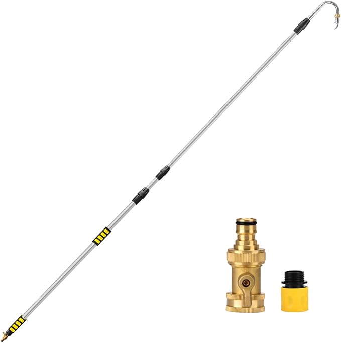 24FT Reach Gutter Cleaning Tools from Ground, 16FT Telescoping Rain Gutter Cleaner with 360° Rotating Metal Nozzle, Brass Shut-Off Valve, Leak-Proof Hose Attachment for Garden Hose