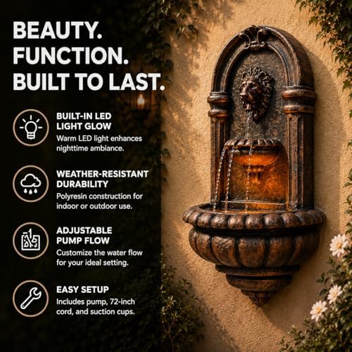 Teamson Home 32.1 in. Wall-Mounted Lion Head Stone LED Outdoor Water Fountain for Gardens, Landscaping, Patios, Balconies, Lawns to Create a Calming Oasis in Outdoor Living Spaces, Antique Bronze