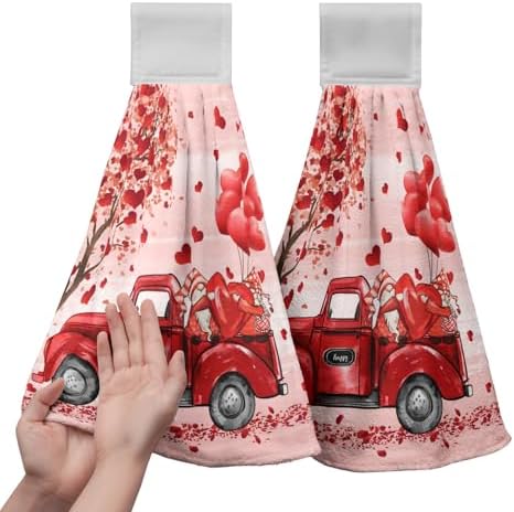 Valentine Hanging Kitchen Towels Red Truck Gnome Love Heart Tree Hand Towel with Hanging Loop Sweet Romantic Dish Tie Towels Bath Towel for Anniversary Wedding Home Decor Set of 2