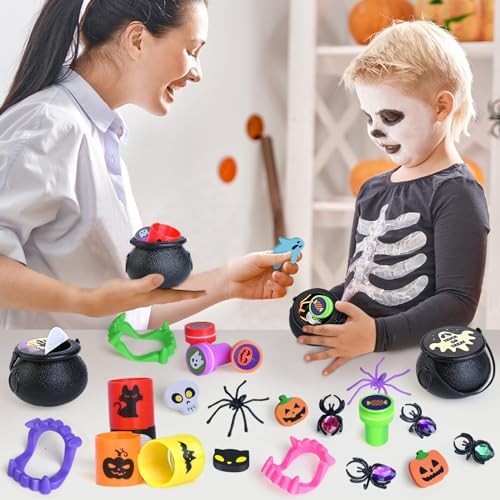 Shemira 256 PCS Halloween Party Favors Bulk for Kids, 32 Pack Prefilled Witch Cauldrons with Halloween Toys, Halloween Goodie Bag Fillers, Halloween Party Supplies, Halloween Miniatures Novelty Toys