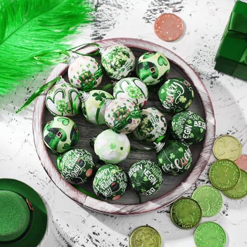 Outus 16 Pcs St. Patrick's Day Tree Ornaments Ball Vintage St. Patrick's Day Decorations for Tree Vintage Style Shamrock Luck Irish Hanging Ornaments Farmhouse Home Decoration Holiday Party Favors