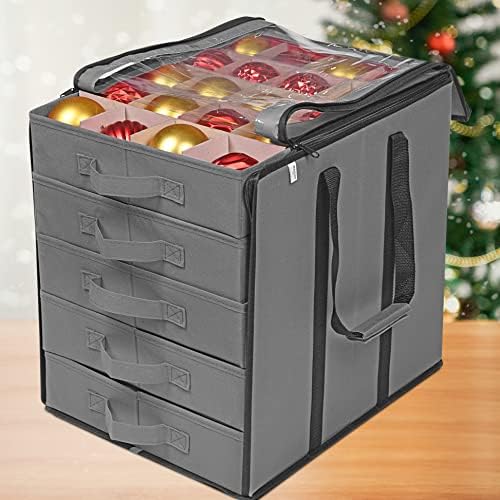 ProPik Christmas Ornament Storage Boxes with Dividers - 5 Separate Trays - Ornament Holder - Keeps 100 Holiday Ornaments - Durable Carrying Bag Handles Organizer Storage Box (Gray)