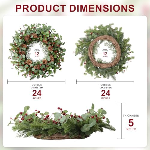 Christmas Wreath 24 Inch Christmas Wreaths for Front Door Xmas Red Berry Wreath with Green Eucalyptus Leaves Pine Cones Red Berries for Wall Window Porch Xmas Holiday Winter Decorations