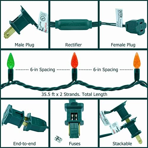 YULETIME 140 Multicolor C6 Christmas Lights, 2-Set 36 ft 70ct One-Piece LED