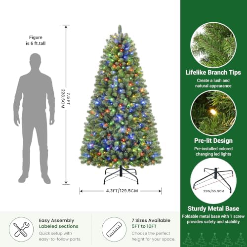 7.5FT Artificial Prelit Classic Christmas Tree with Remote Control,Timer