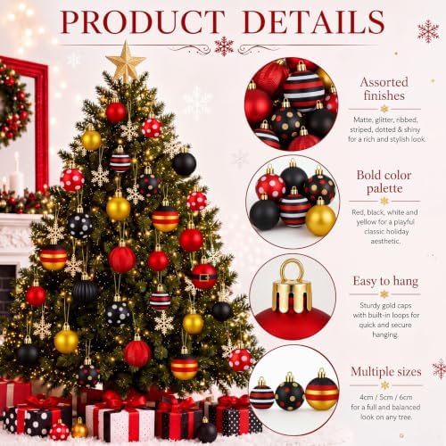 Lunmon 64 Pcs Mouse Christmas Ball Ornaments Red Black Yellow Xmas Baubles