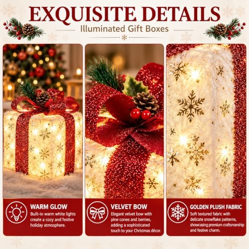 Set of 3 Lighted Boxes, Gold Snowflake Indoor Holiday Decor