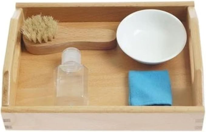 Montessori Shoe Cleaning Practical Life Set, Kids Shoe Washing Work Tray with Wooden Brush, Bowl, Spray Bottle & Cloth
