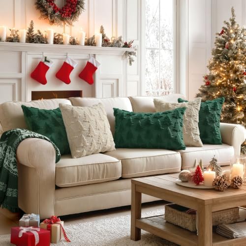 MIULEE Christmas Throw Pillow Covers Lumbar Dark Green Christmas Decorations Xmas Tree 16x24 Pillow Covers Soft Plush Faux Wool Pillowcases Holiday Festivals Winter Home Decor Sofa Couch Bed Porch