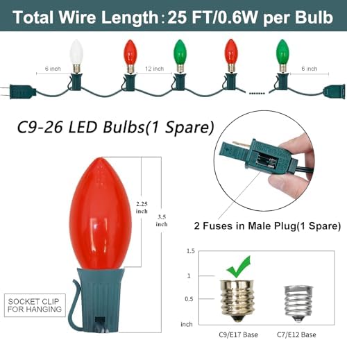 SUNSGNE C9 LED Outdoor Vintage Christmas Lights, 25FT Christmas Tree Lights with 26 0.6W LED Red Green White Bulbs(1 Spare) for Patio Garden Holiday Home Décor, Green Wire