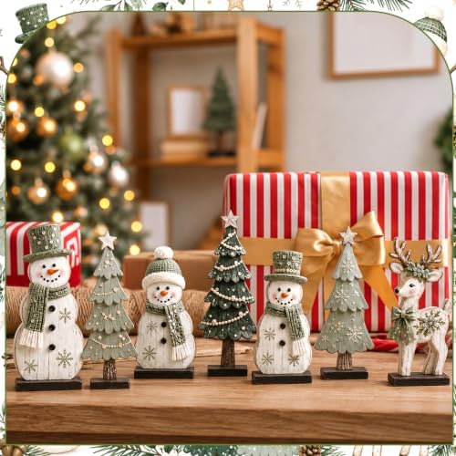 7 Pcs Christmas Table Decor Wooden Snowman Tree Deer Decor, Sage Green