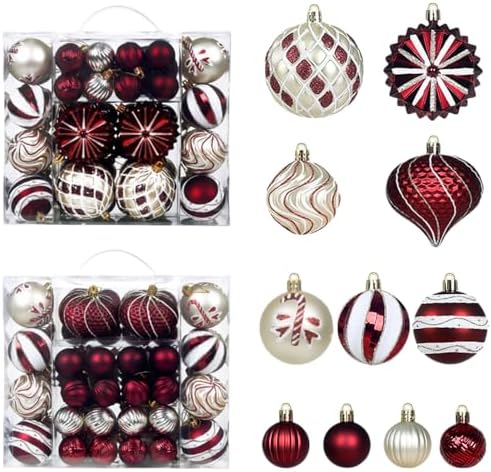 48 Pcs Christmas Balls Ornaments for Christmas Tree, Painted Shatterproof Plastic Decorative Baubles Hanging Ornaments for Xmas Tree Wreath Holiday Party Wedding Decoration, Wine Red