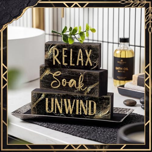 Moucuny 4 Pcs Black Gold Bathroom Signs Relax Soak Unwind Wooden