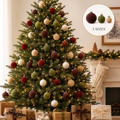 30 Pack Velvet Flocked Christmas Ornaments Set – Premium Shatterproof Christmas Ball Ornaments with Brass Metal Caps, Assorted Sizes for Christmas Tree, Holiday & Seasonal Home Décor