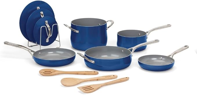 Cuisinart Ceramic Cookware Set, Nonstick 12-Piece Pots and Pans Set for Even Heat Cooking, Dishwasher Safe, Stainless Steel Handles & Easy Cleanup, Sapphire, 34C-12SP