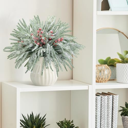 60 Pcs Christmas Snow Norfolk Pine Branches Red Berry Stems Faux Xmas Sprig