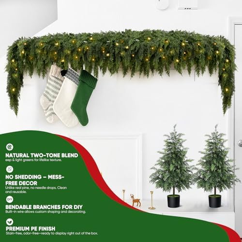 2Pcs 15FT Christmas Garland with LED Lights, Real Touch Cedar Garland Artificial Greenery Garland with 200 Cedar Branches, 8 Lighting Modes for Mantel, Table Runner, Stairs Holiday Winter Decor