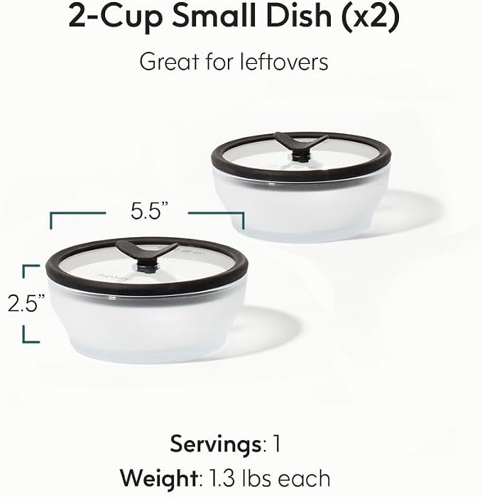 Anyday 2-Pack 2-Cup Glass Food Storage Set (Black Sesame) | Plastic-Free, Frosted Glass Meal Prep Bowls, Stackable Airtight Container, Vented Silicone Lid, Microwave-Safe Reheating