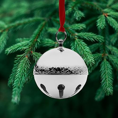 Wallace Silver-Plated Sleigh Bell Ornament 2023-53rd Edition Annual Collectible with Gingerbread Man and Christmas Tree Design, Handcrafted in USA, Includes Gift Box and Velvet Pouch