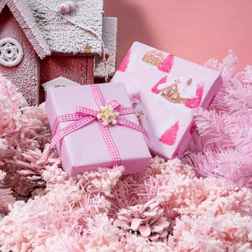 WRAPAHOLIC 30 Inch Jumbo Reversible Christmas Wrapping Paper - 30 Inch x 100 Feet Jumbo Roll Pink Gingerbread House and Solid Pink Wrapping Paper for Christmas, Holiday, Party Celebration
