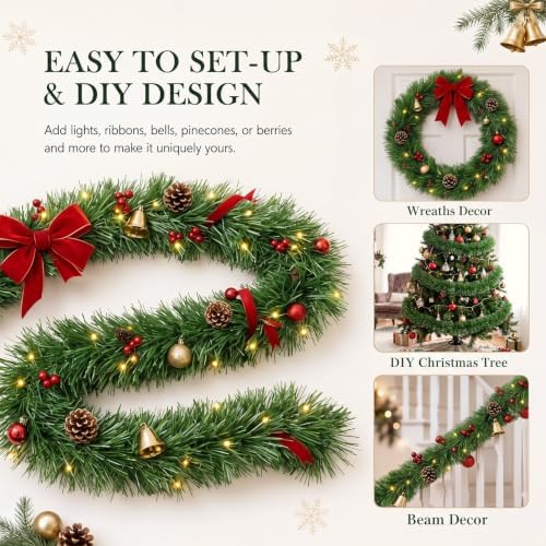 50FT Green Christmas Garland Decorations, Christmas Artificial Pine Greenery Garland Outdoor Indoor Decor, Straight Faux PVC Soft Garland for Stairs Railing Fireplace Window Mantle Home Party Decor