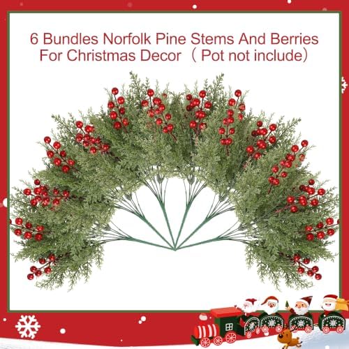 6 Bundles Artificial Christmas Flowers, Norfolk Pine Stems with Red Berries