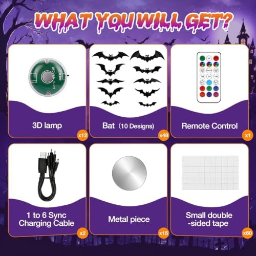 LUDILO 48P Bats Halloween Decorations + 12P Rechargeable Lights with Remote