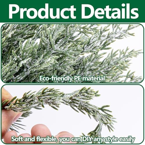 60 Pcs Artificial Christmas Snow Pine Branches with Red Berry Stems, Snowy Faux Greenery Norfolk Pine Cypress Leaves Stems, Berries White Frosted Fake Foliage Pine Needle Picks for Garland Home Decor