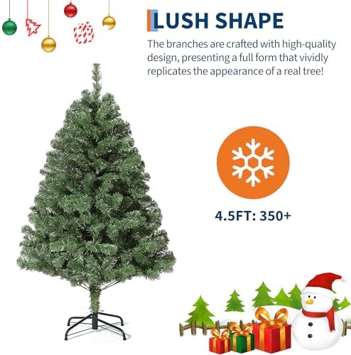 4.5FT Artificial Christmas Tree with 350 Branch Tips, Hinged Spruce Design & Metal Foldable Base, Easy Assembly Holiday Decoration for Home, Green