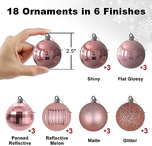 Rose Pink 2.5" Christmas Balls Christmas Tree Decoration Ornaments Shatterproof Hanging Balls for Birthday Halloween Holiday Wedding Decorations Set of 18pcs