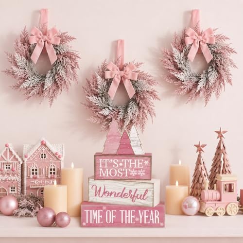Moucuny 4 Pcs Christmas Table Decoration Wooden Pink Wooden Christmas Tree